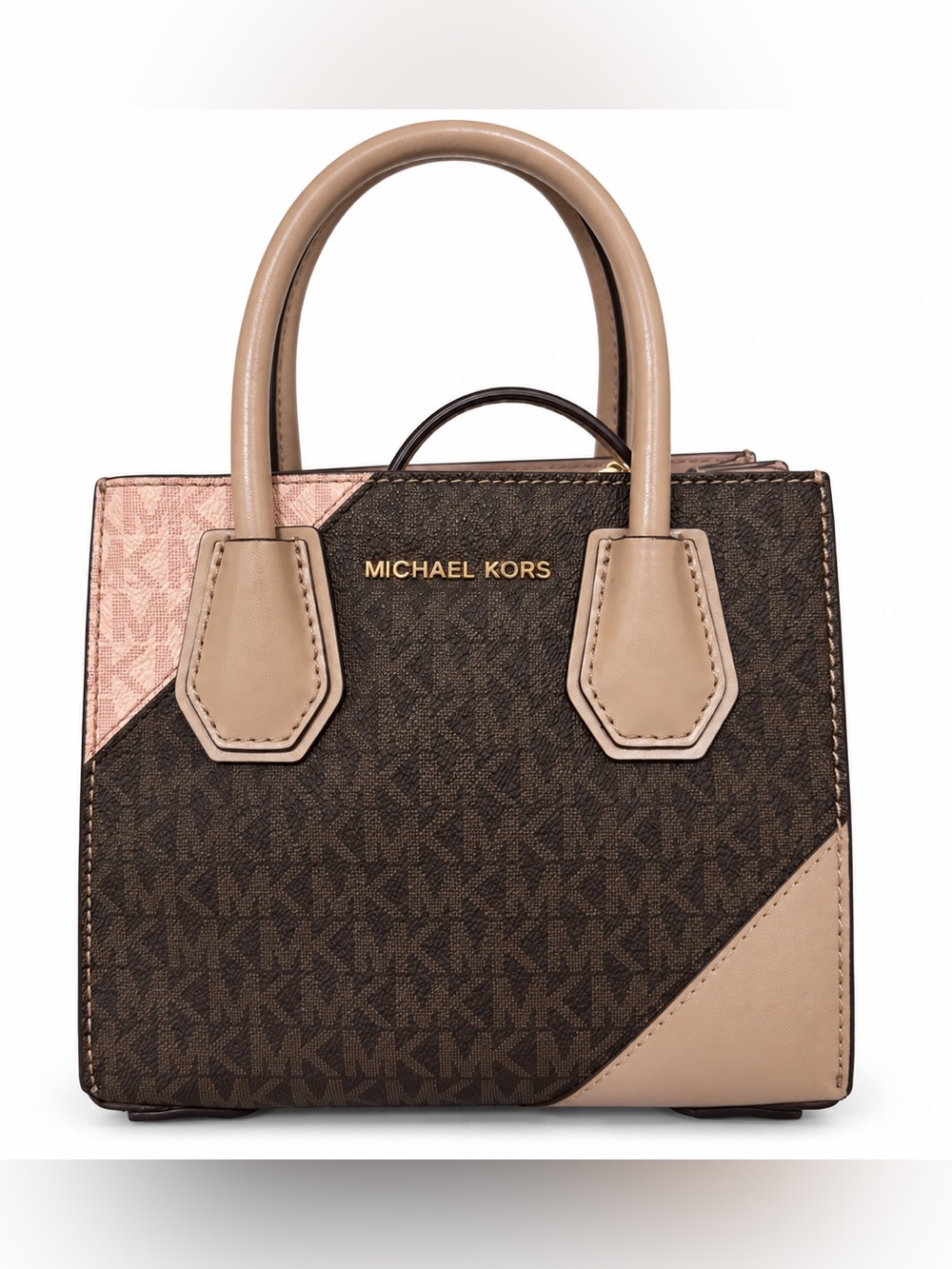 Michael Kors Brown Monogram Satchel with Pink and Tan Accents